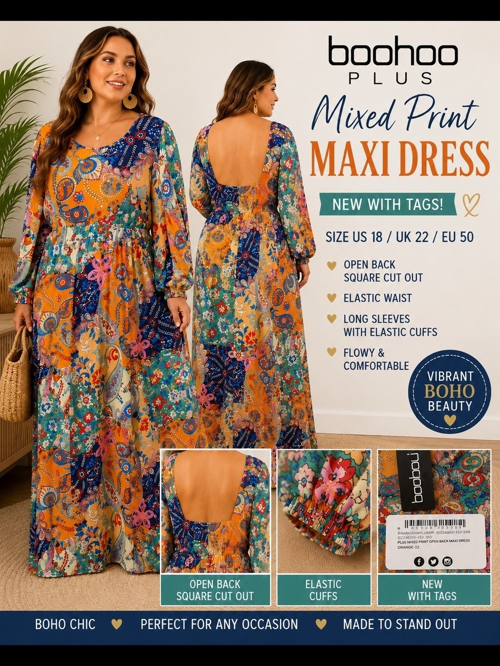 NWT Boohoo Plus Mixed Print Open Back Maxi Dress Size Size 18 Boho Floral